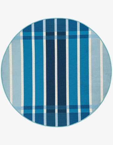 Blue Easy-Clean Striped Indoor / Outdoor Round Rug