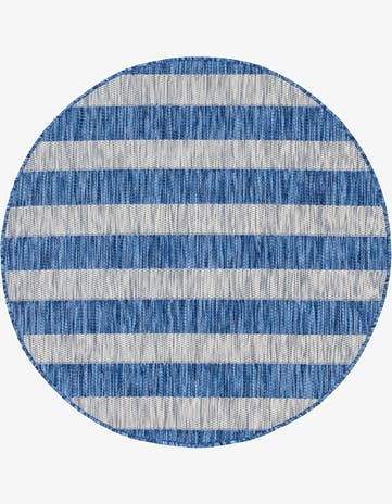 Blue Easy-Clean Striped Indoor / Outdoor Round Rug