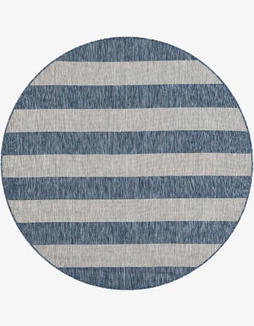 Blue Easy-Clean Striped Indoor / Outdoor Round Rug
