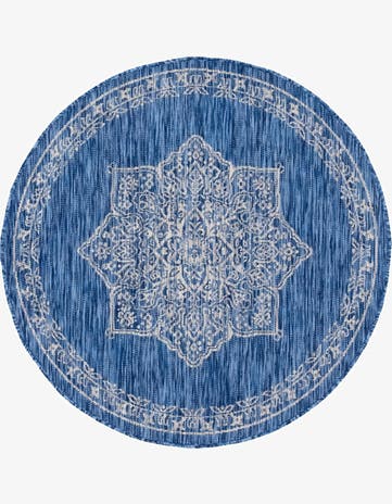 Blue Easy-Clean Traditional Indoor / Outdoor Round Rug