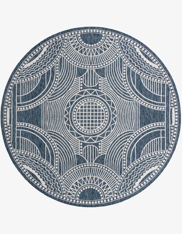 Blue Easy-Clean Traditional Indoor / Outdoor Round Rug