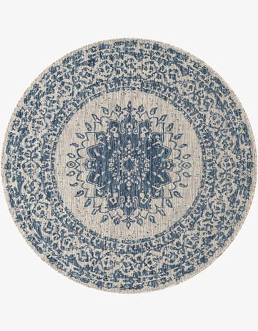 Blue Easy-Clean Traditional Indoor / Outdoor Round Rug