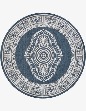 Blue Easy-Clean Traditional Indoor / Outdoor Round Rug