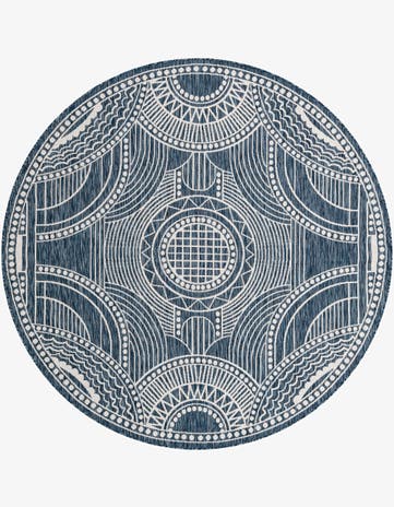 Blue Easy-Clean Traditional Indoor / Outdoor Round Rug
