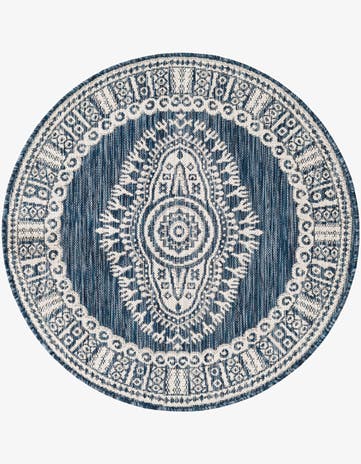 Blue Easy-Clean Traditional Indoor / Outdoor Round Rug