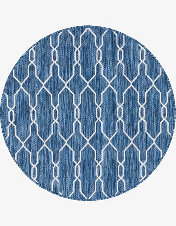 Blue Easy-Clean Trellis Indoor / Outdoor Round Rug