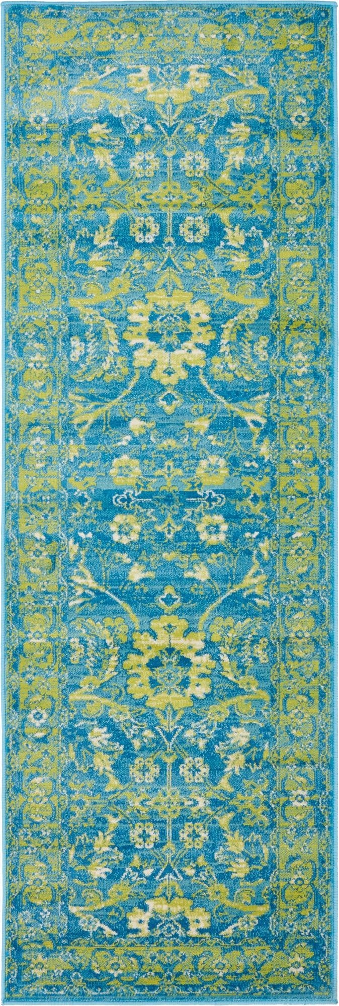 A 6 ft runner rug with a distressed bohemian floral pattern in shades of blue and lime green, perfect for a hallway.