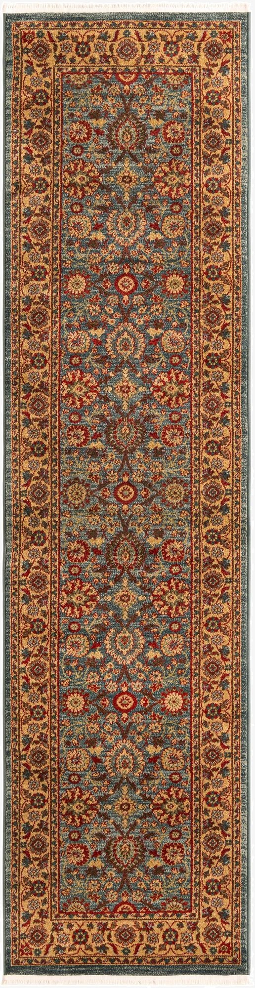 A 10 ft runner rug from the Chelsea Collection, featuring a traditional floral pattern in blues, reds, and gold.