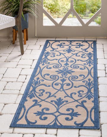 Blue Easy-Clean Botanical Indoor / Outdoor Runner Rug