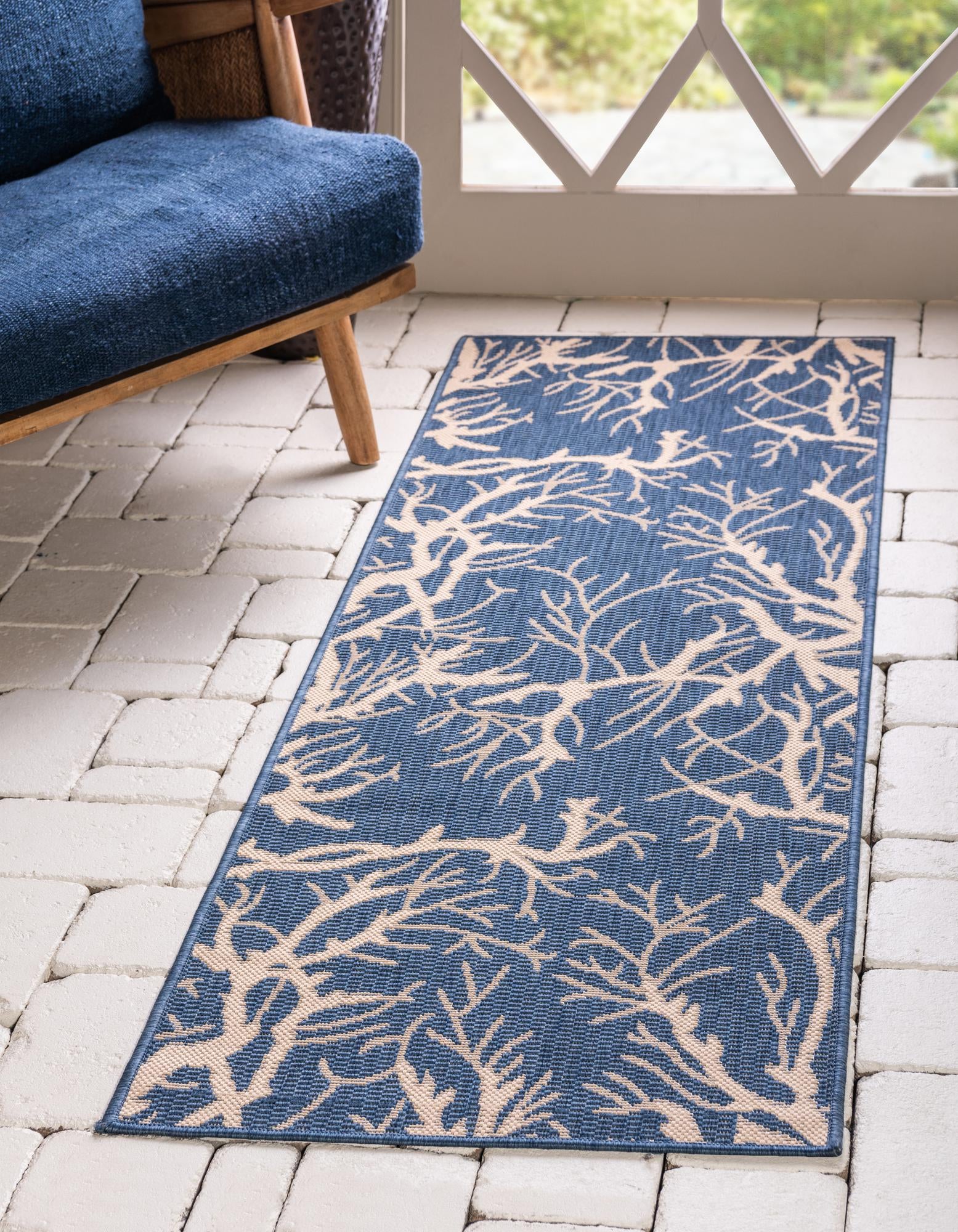 Blue Easy-Clean Botanical Indoor / Outdoor Runner Rug