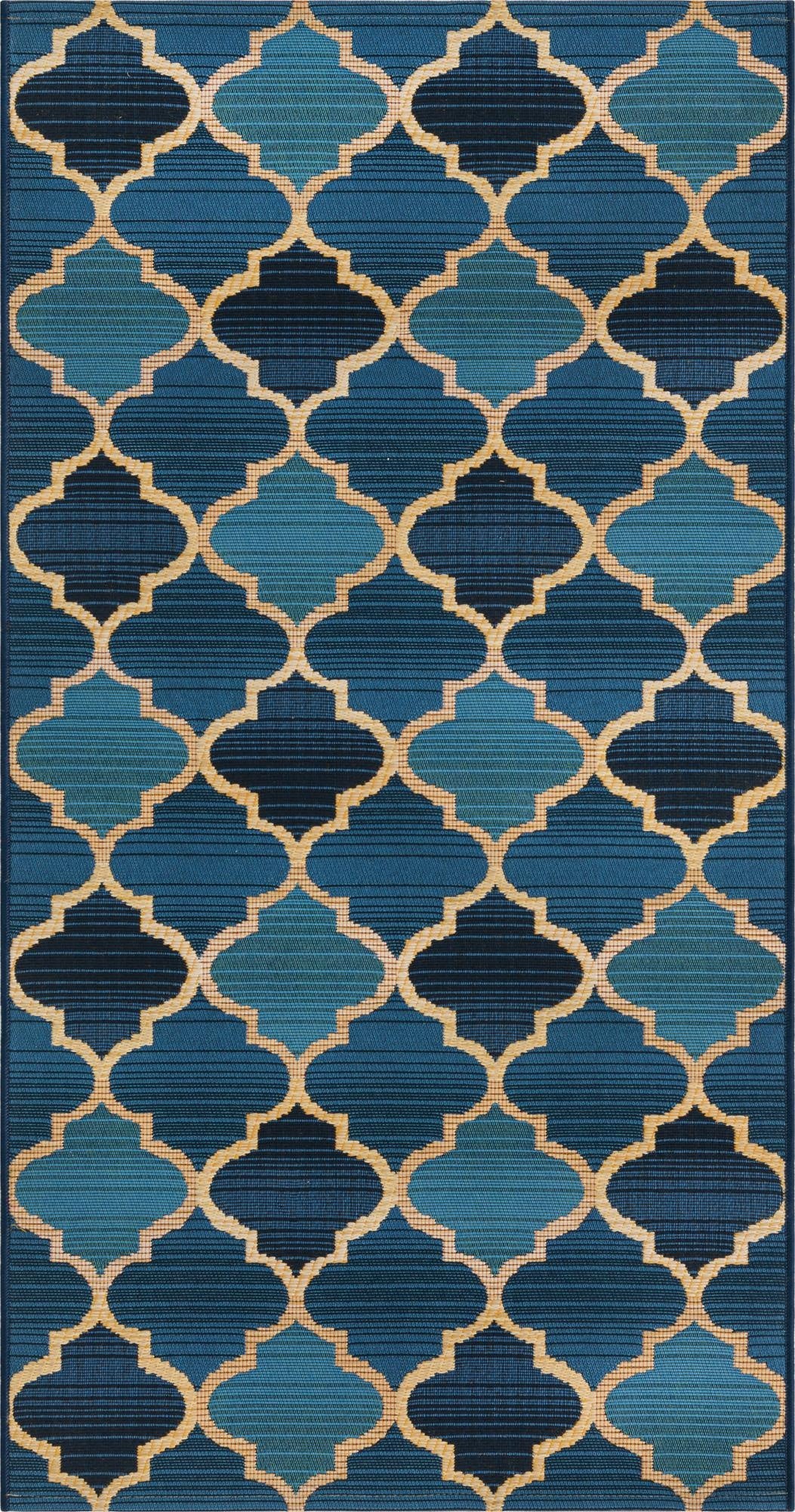 A 5 ft runner rug featuring a blue and teal Moroccan trellis pattern with a subtle gold outline, suitable for hallways or patios.
