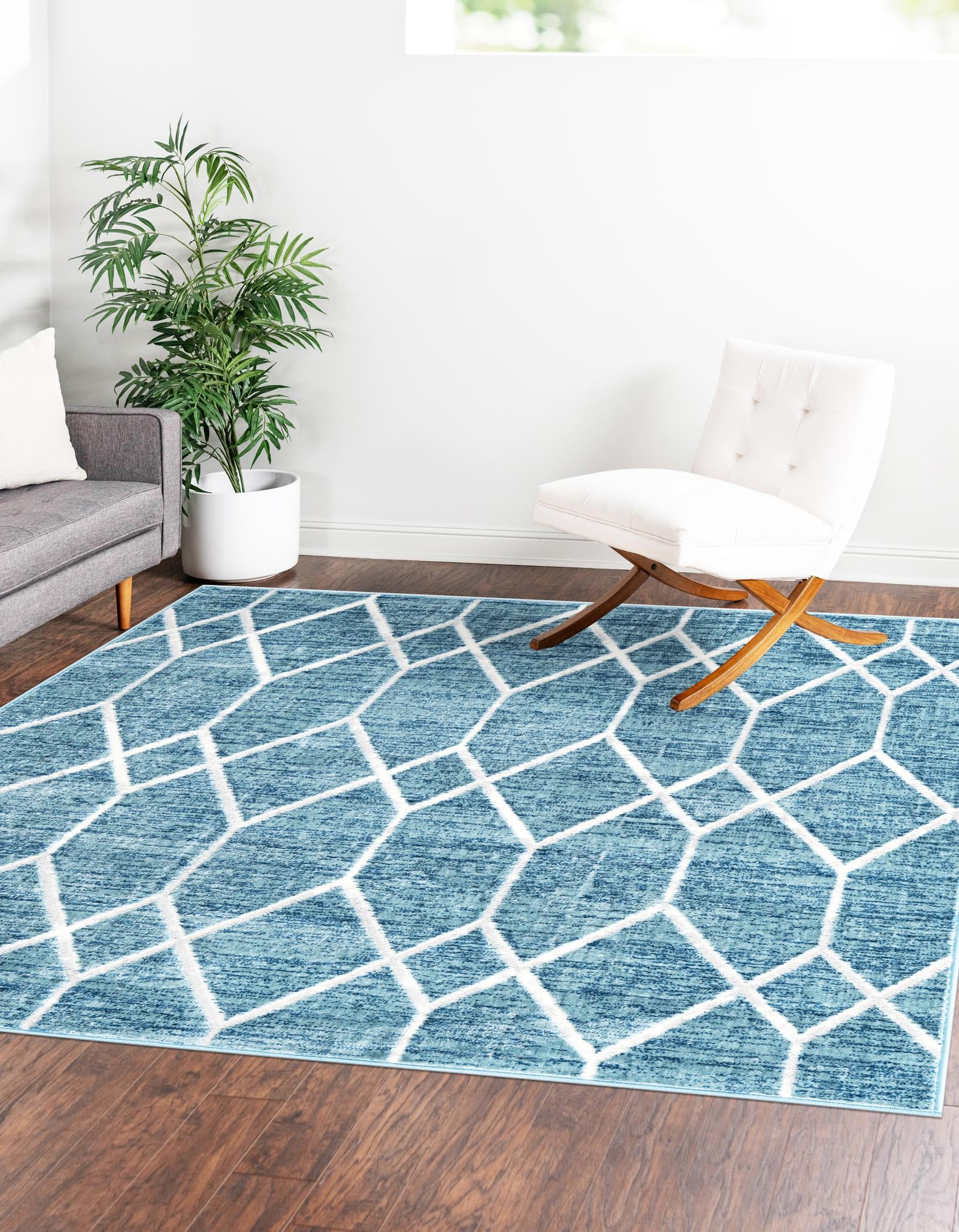 Blue Lattice Trellis Square Rug