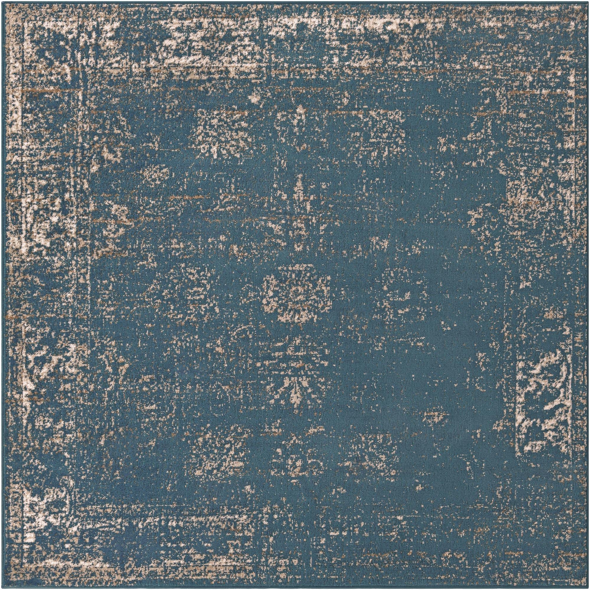 A square 6' x 6' Monte Carlo rug in distressed blue with faded beige traditional and medallion patterns, suitable for indoor living spaces.