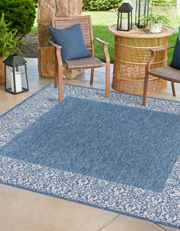 Blue Easy-Clean Border Indoor / Outdoor Square Rug