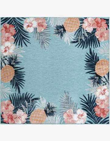 Blue Easy-Clean Botanical Indoor / Outdoor Square Rug