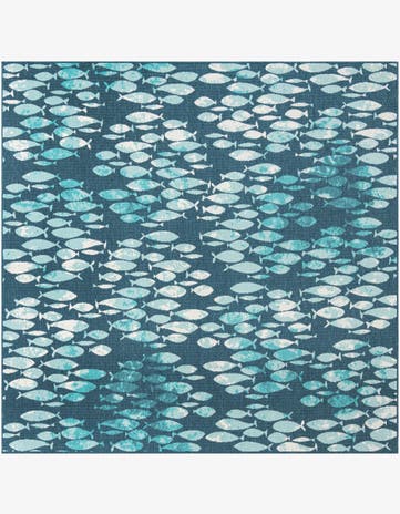 Blue Easy-Clean Coastal Indoor / Outdoor Square Rug