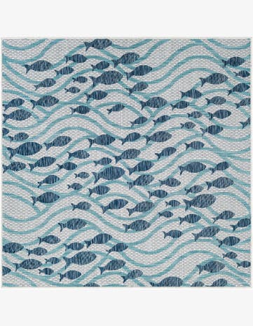Blue Easy-Clean Coastal Indoor / Outdoor Square Rug