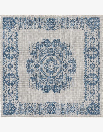 Blue Easy-Clean Traditional Indoor / Outdoor Square Rug