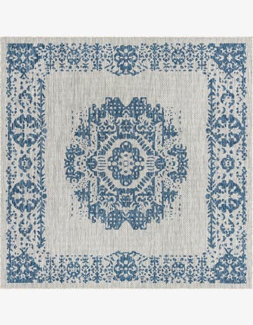 Blue Easy-Clean Traditional Indoor / Outdoor Square Rug