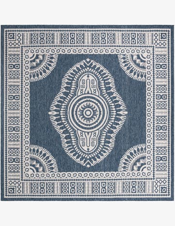 Blue Easy-Clean Traditional Indoor / Outdoor Square Rug