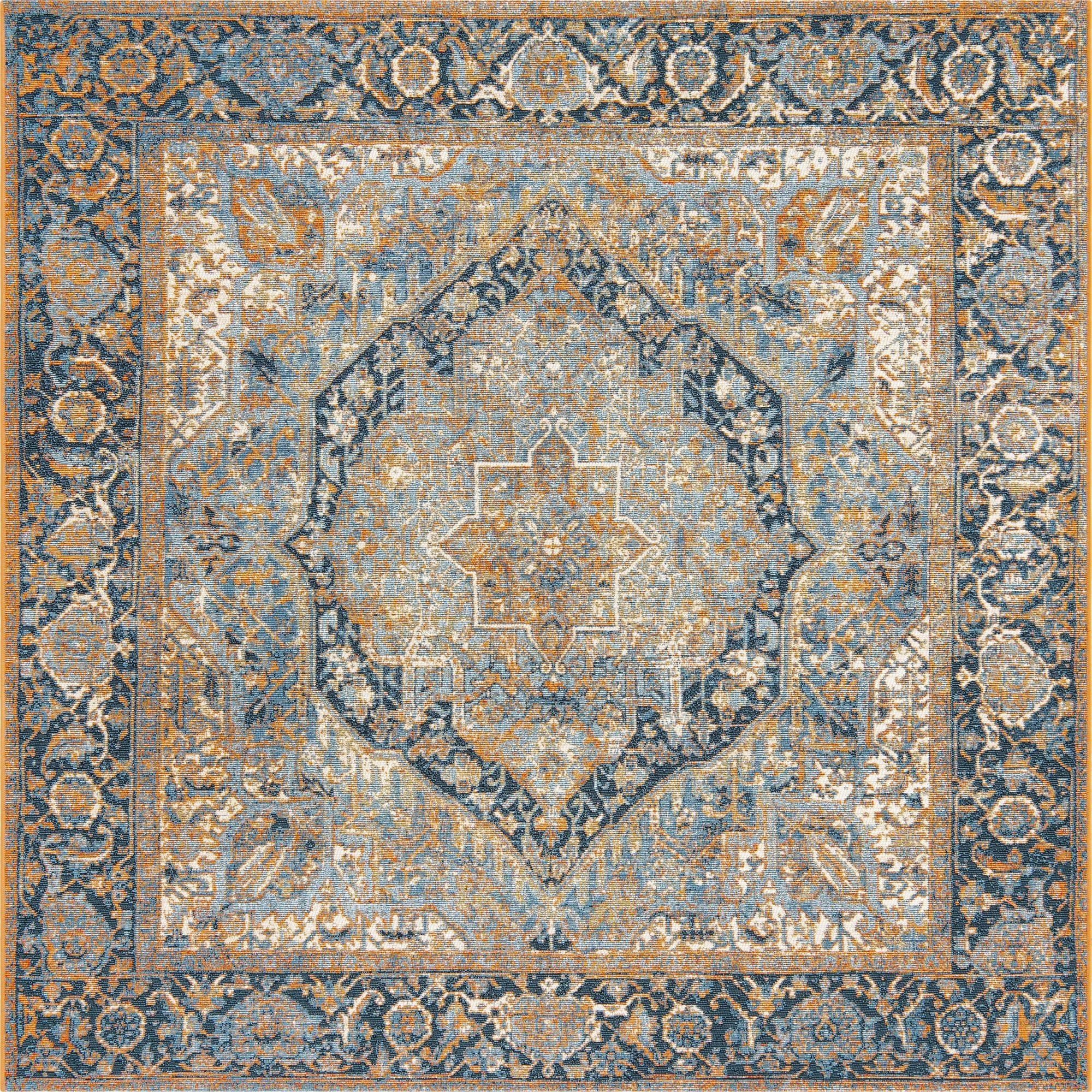 A 6'x6' square blue and orange traditional outdoor rug with a distressed floral medallion pattern.