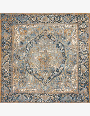 Blue Easy-Clean Traditional Indoor / Outdoor Square Rug