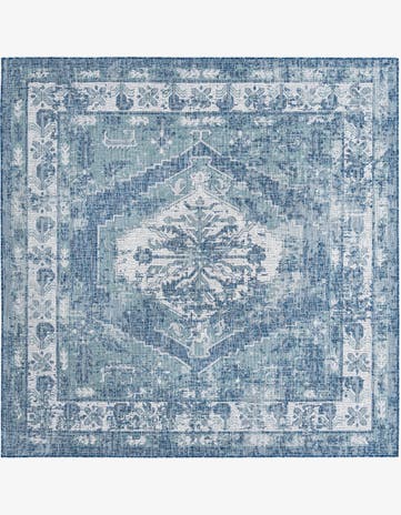 Blue Easy-Clean Traditional Indoor / Outdoor Square Rug
