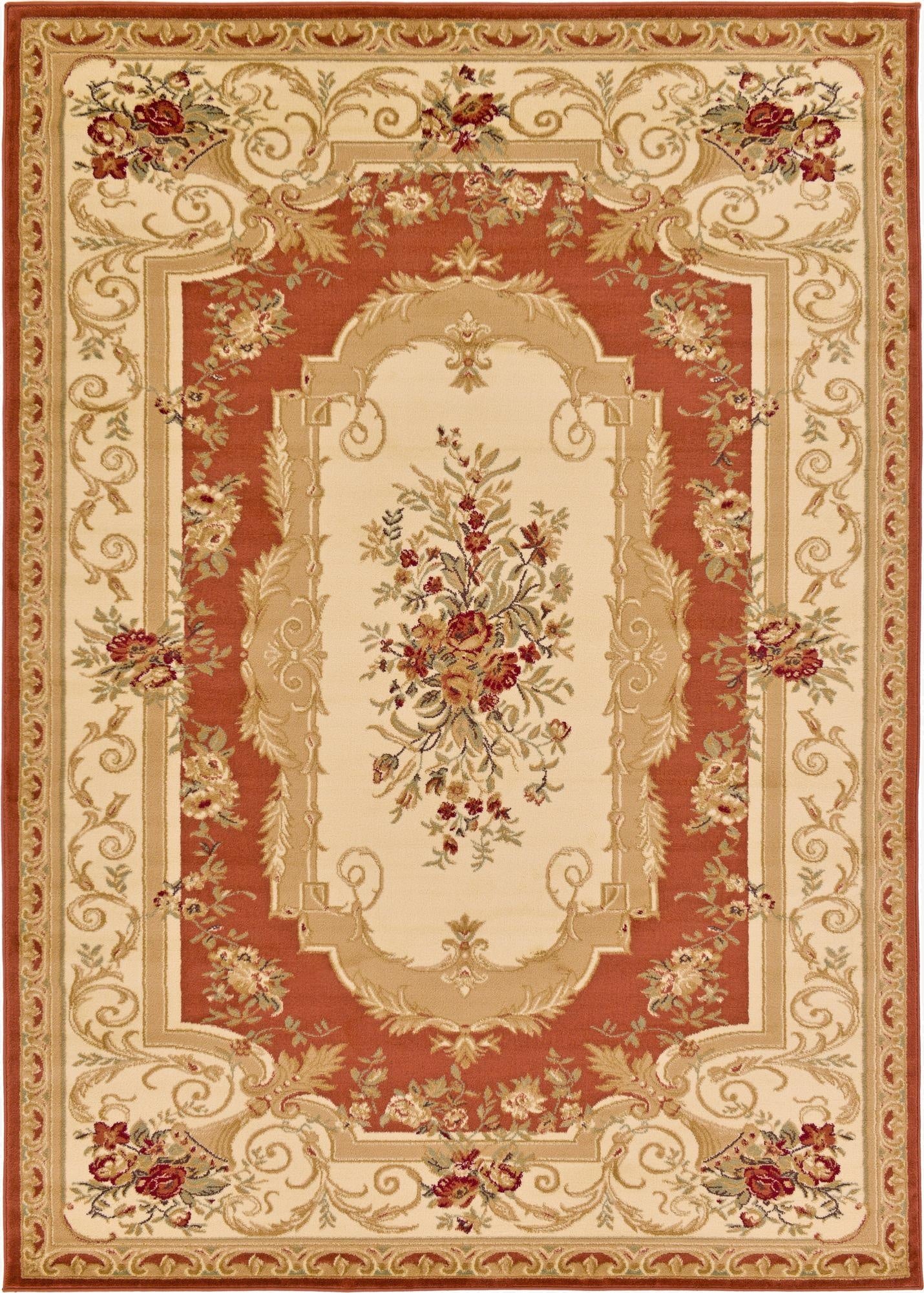 A 7x10 rectangular Chateau rug featuring a traditional botanical medallion pattern in shades of brown, tan, orange, and red.