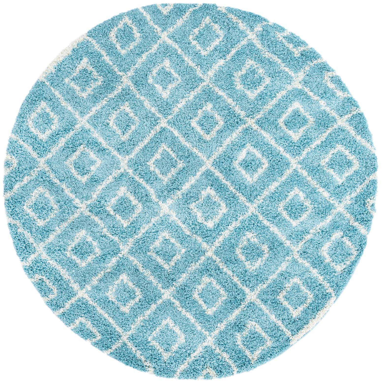 7' 10 x 7' 10 Brock · Diamond trellis Shag Rug, aqua and ivory