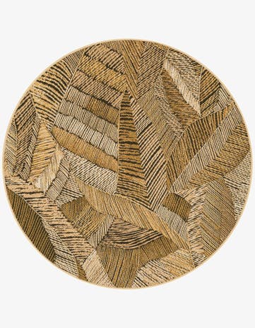 Brown and Beige Easy-Clean Botanical Indoor / Outdoor Round Rug