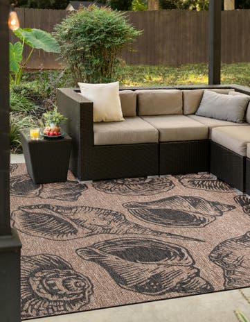 Brown and Black Easy-Clean Coastal Indoor / Outdoor Square Rug