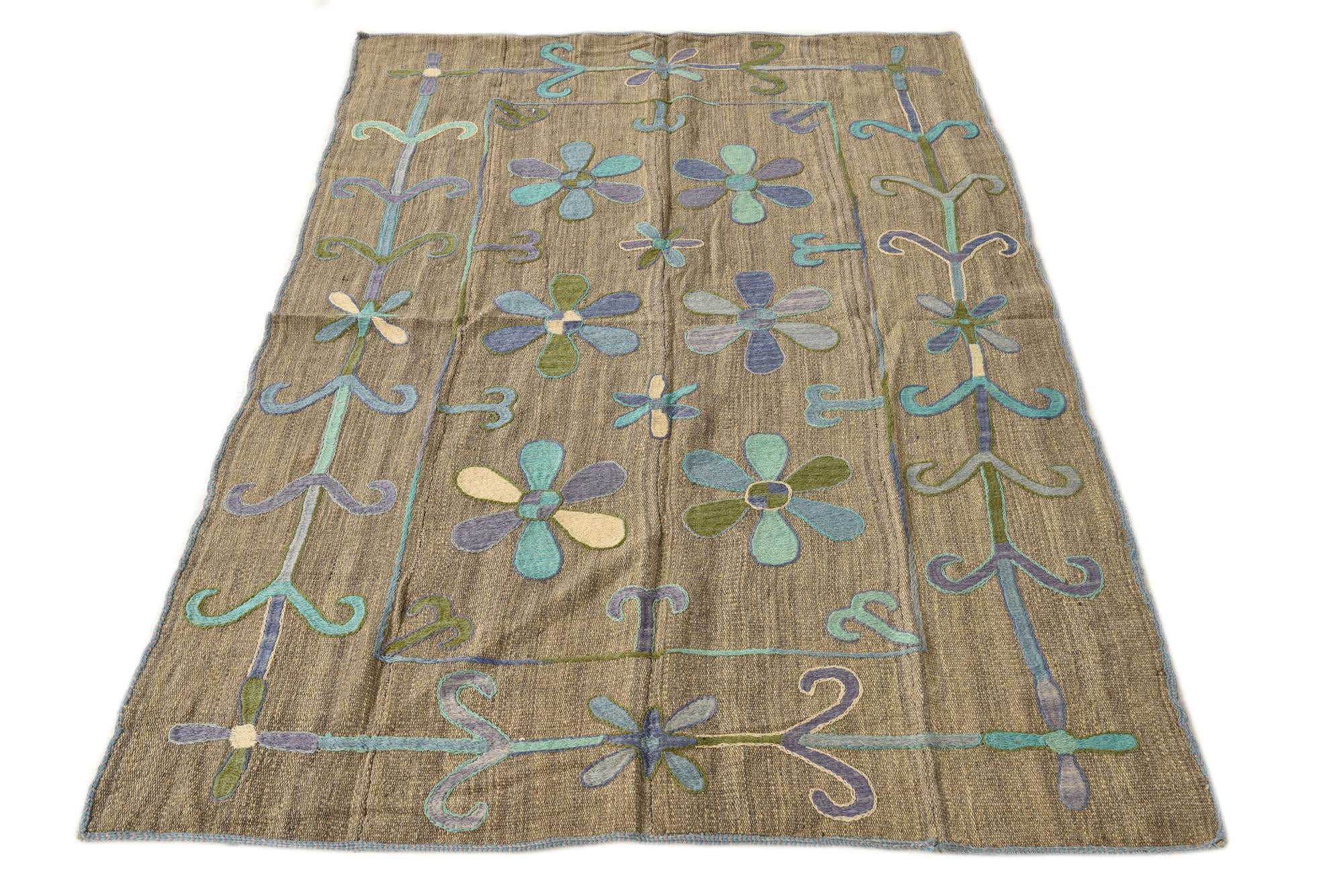 3' 9 x 5' 2 Hand Woven Kilim Suzani Wool Rug