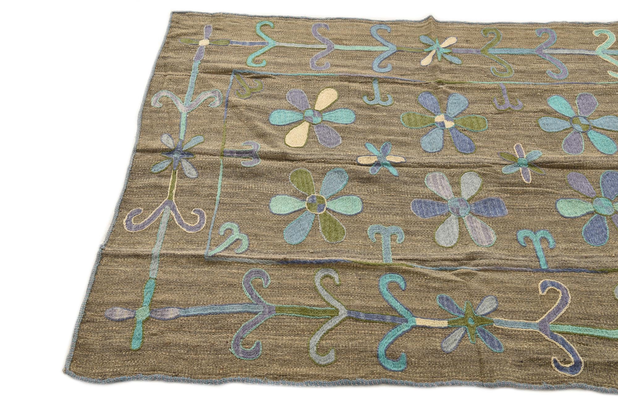 3' 9 x 5' 2 Hand Woven Kilim Suzani Wool Rug