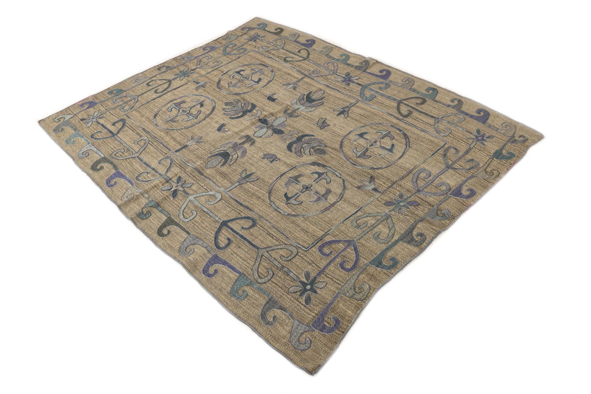 5' 2 x 6' 3 Hand Woven Kilim Suzani Wool Rug