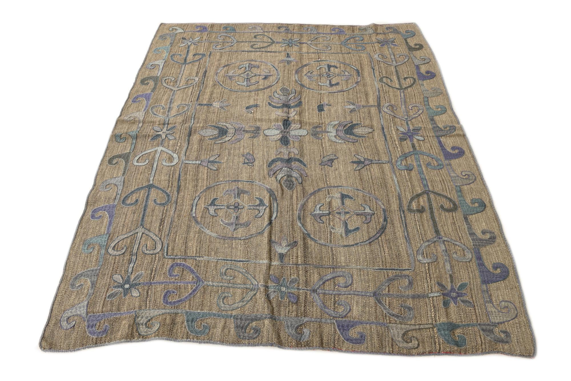 5' 2 x 6' 3 Hand Woven Kilim Suzani Wool Rug