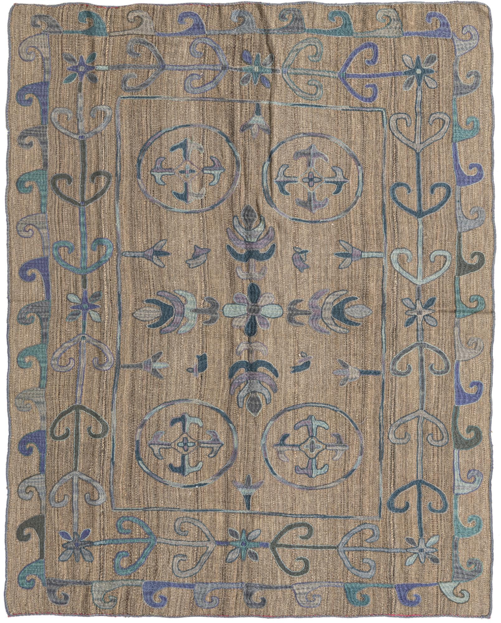 5' 2 x 6' 3 Hand Woven Kilim Suzani Wool Rug