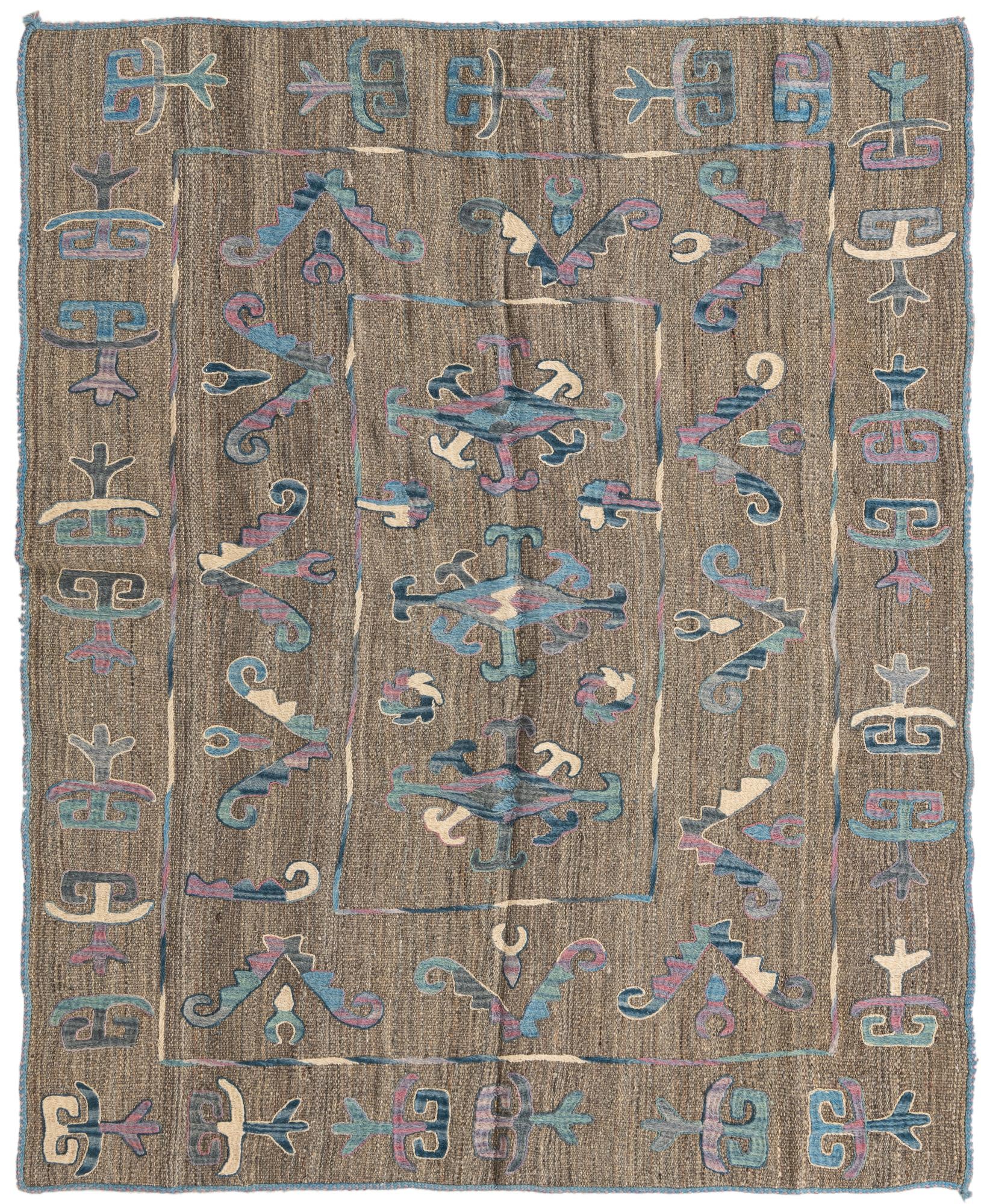 5' 2 x 6' 4 Hand Woven Kilim Suzani Wool Rug