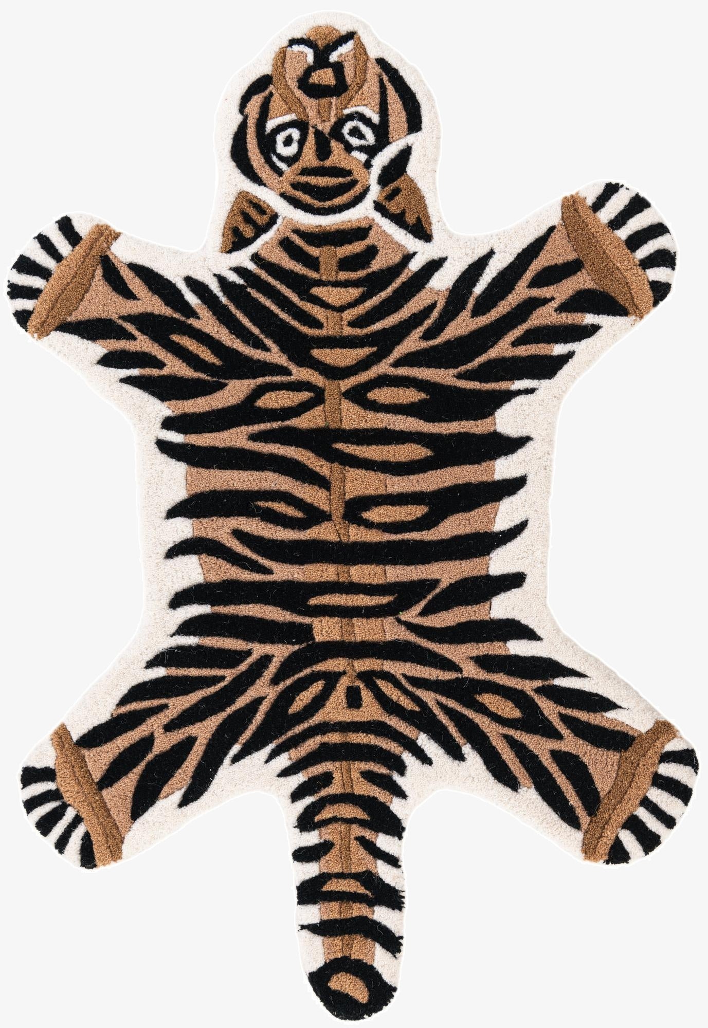 A freeform 2'x3' brown and black tiger-shaped wool rug with a playful design, ideal for a child's room.