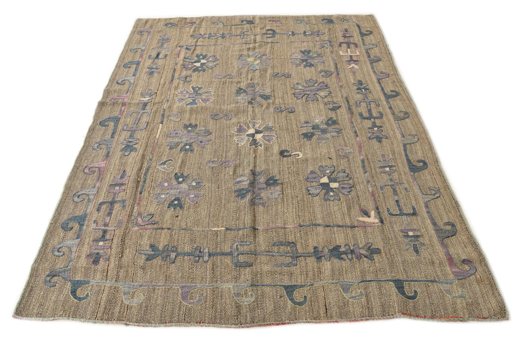 5' 3 x 7' 2 Hand Woven Kilim Suzani Wool Rug