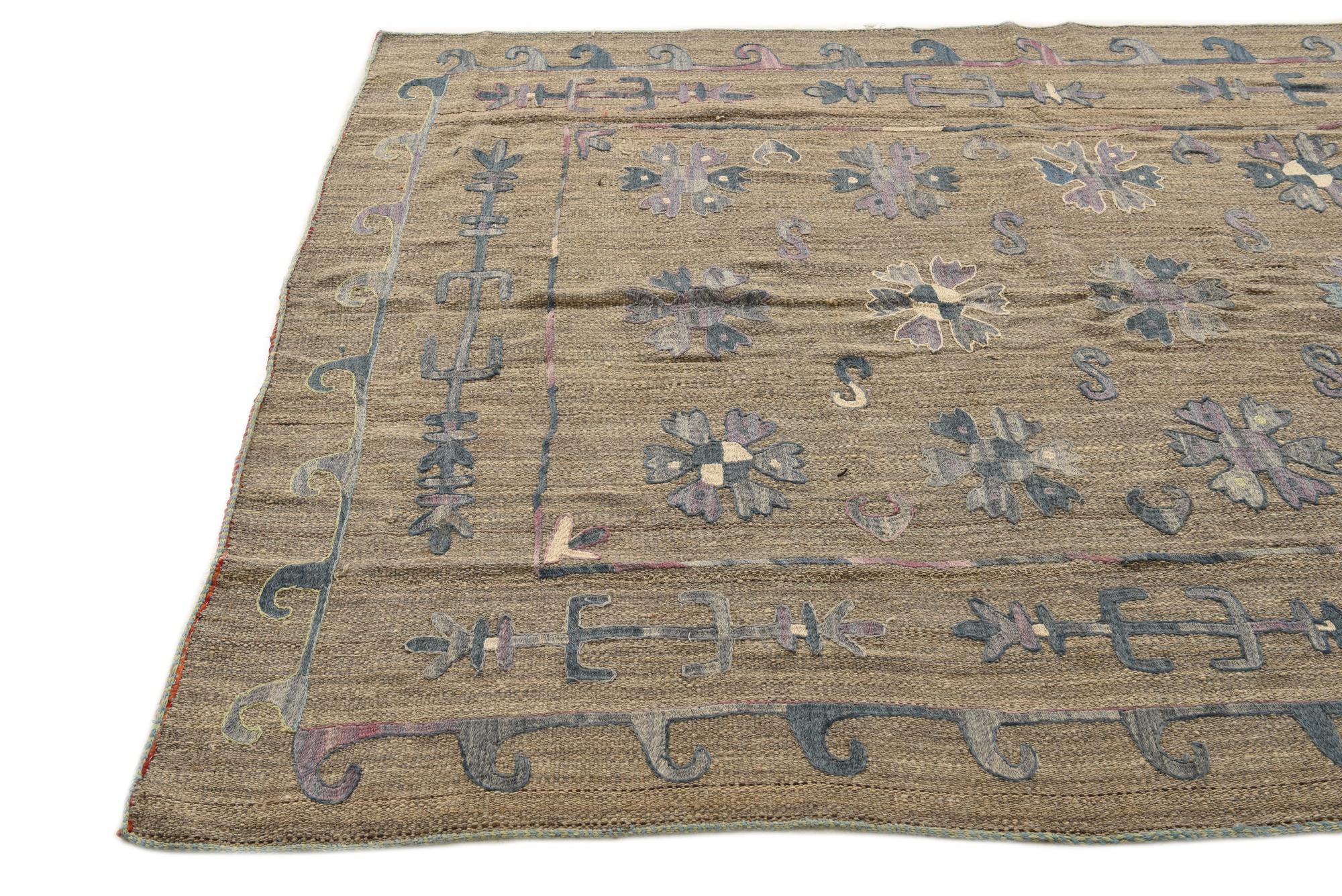 5' 3 x 7' 2 Hand Woven Kilim Suzani Wool Rug