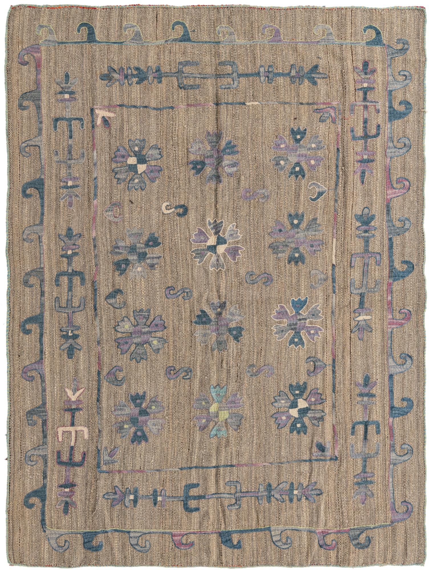 5' 3 x 7' 2 Hand Woven Kilim Suzani Wool Rug