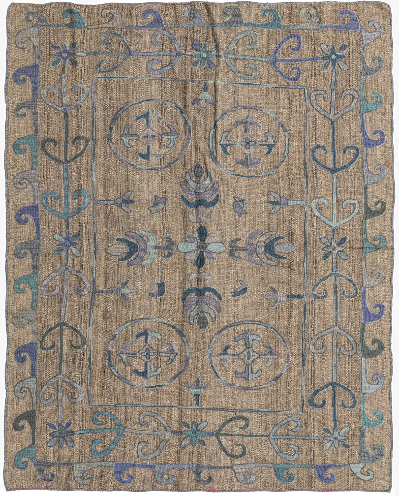 5' 2 x 6' 3  Hand Woven Kilim Suzani Wool Rug