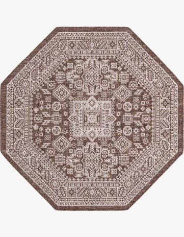 Brown Easy-Clean Aztec Indoor / Outdoor Octagon Rug