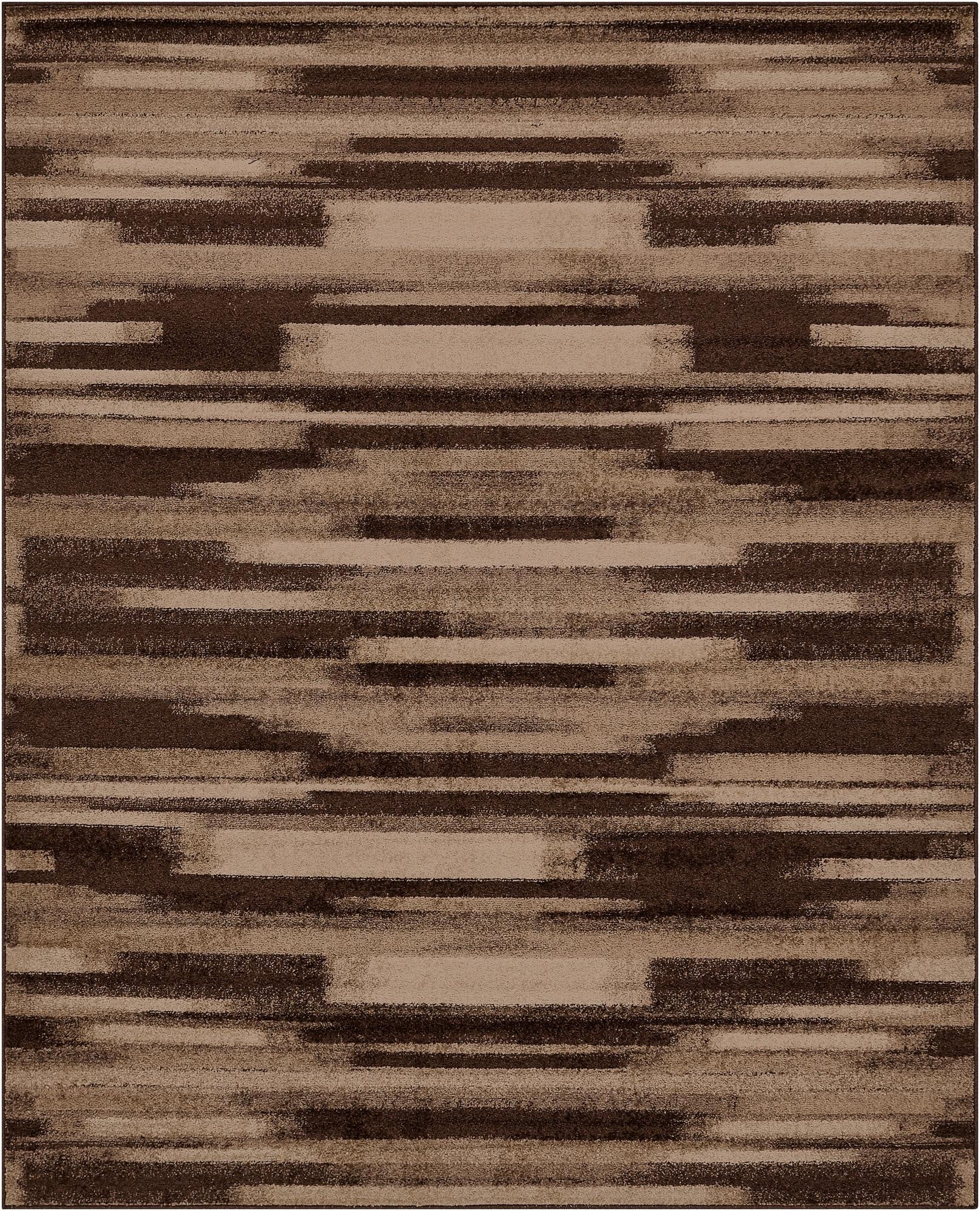 A rectangular 8x10 brown and tan area rug with a modern, eclectic stripe pattern, suitable for a living room.