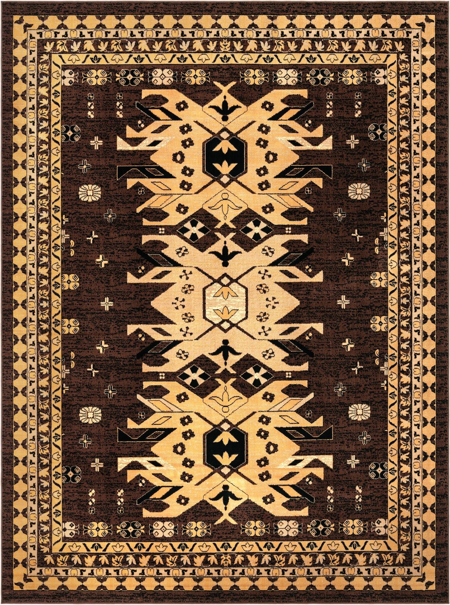 A 10x13 rectangular Heris rug in browns and tans, featuring a bold Southwestern medallion pattern and tribal motifs.