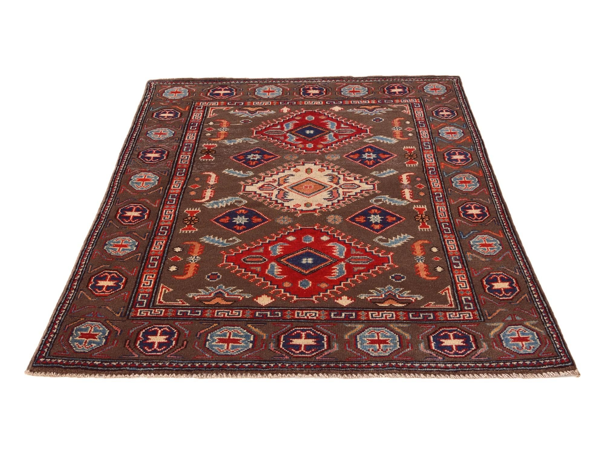 3' 4 x 4' 9 Hand Knotted Kazak Rug