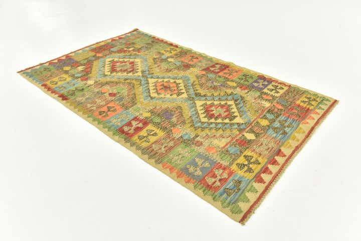 3' 8 x 6' 3 Hand Woven Kilim Maymana Wool Rug
