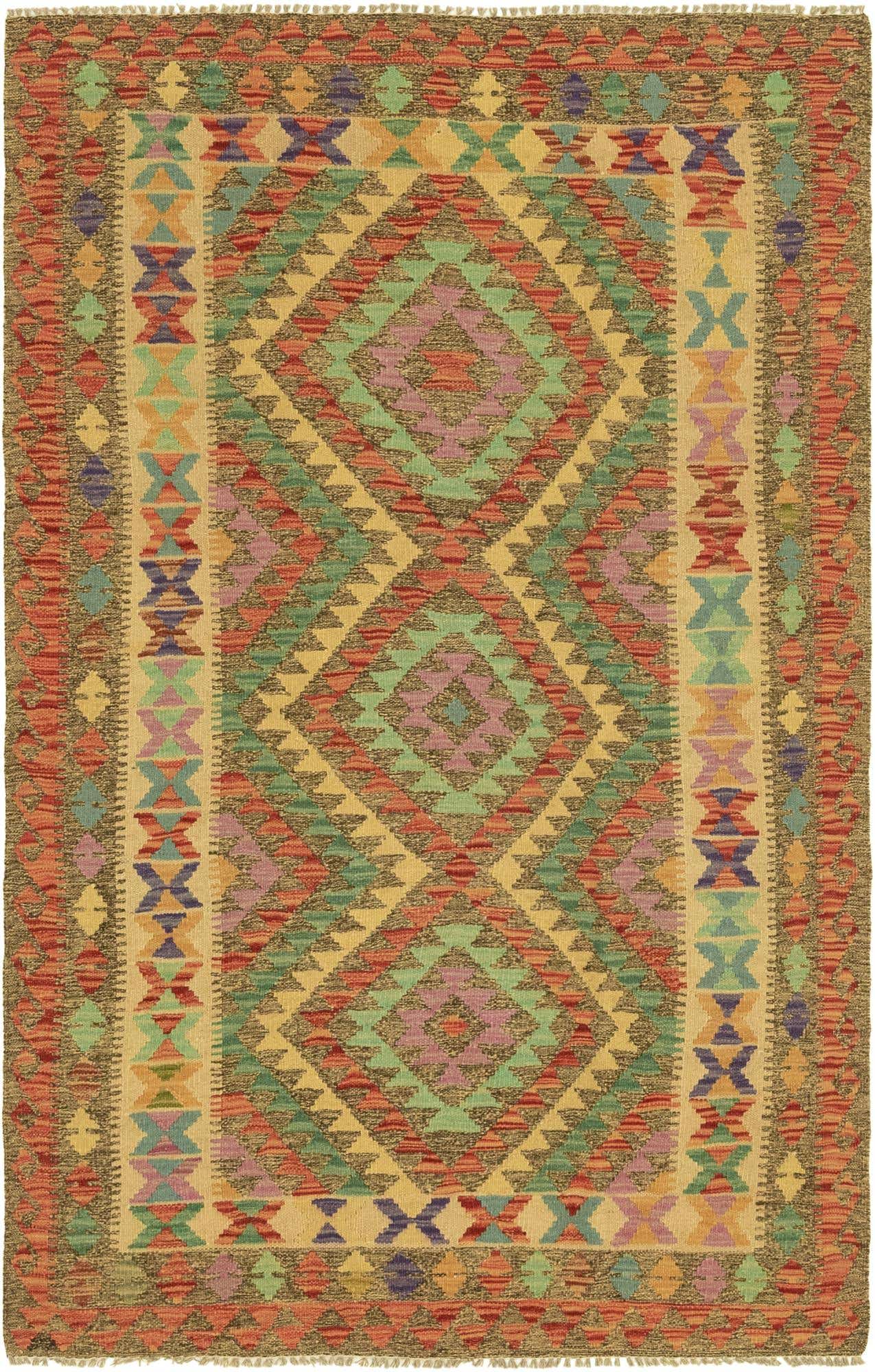 4' x 6' 4 Hand Woven Kilim Maymana Wool Rug