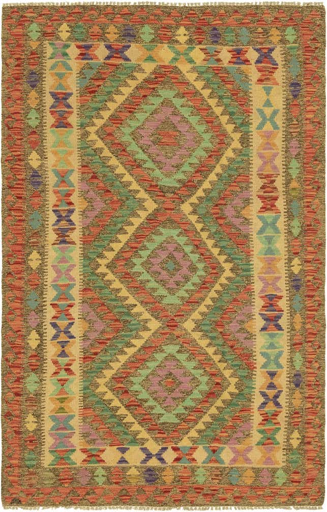 4' x 6' 4 Hand Woven Kilim Maymana Wool Rug