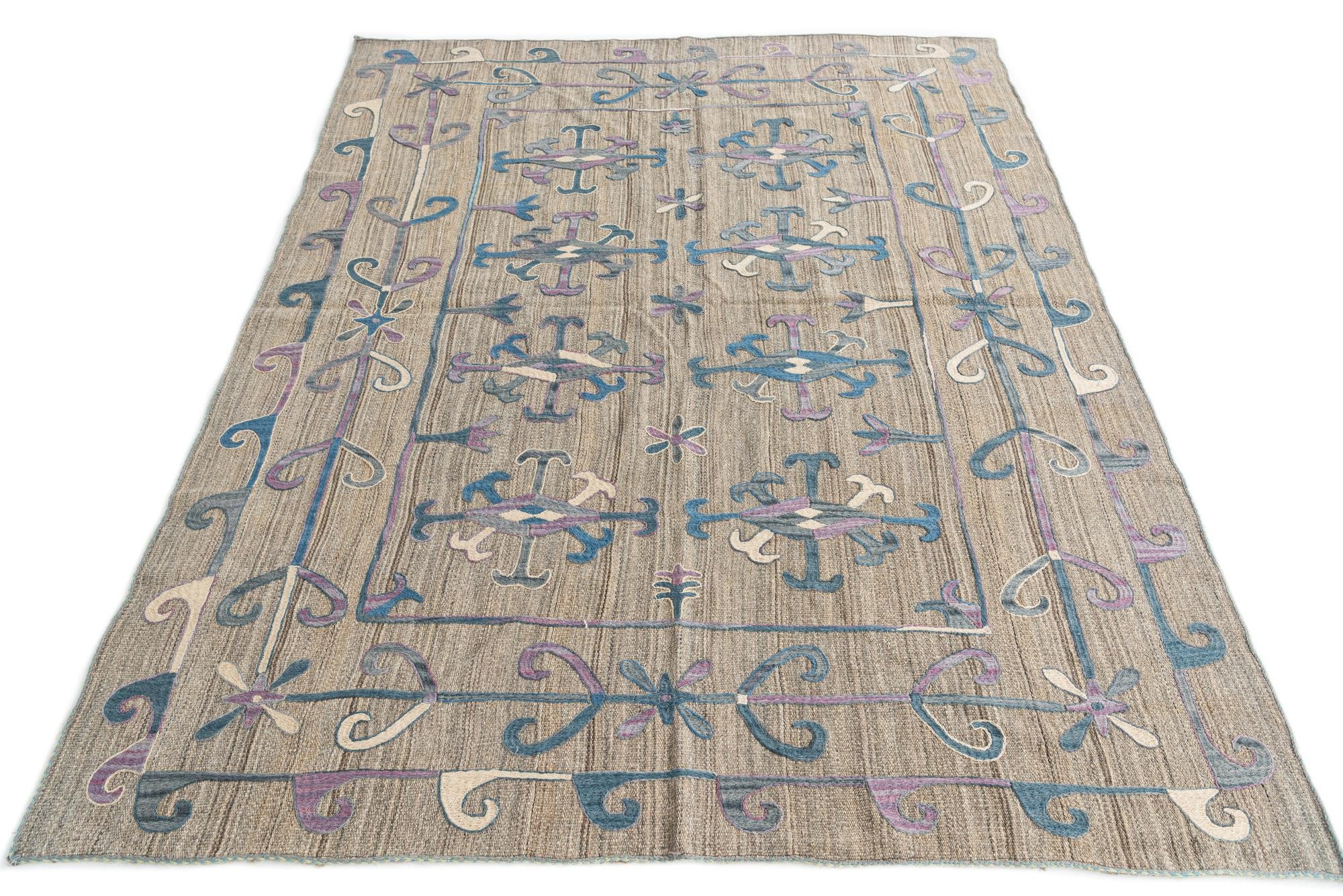 5' 7 x 7' 1 Hand Woven Kilim Suzani Wool Rug